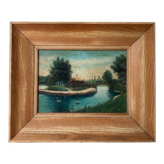 Early 20th Century Signed Oil on Board River Landscape With Swans For Sale