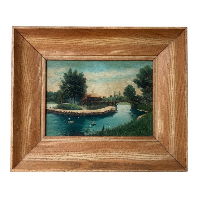 Early 20th Century Signed Oil on Board River Landscape With Swans For Sale