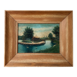 Early 20th Century Signed Oil on Board River Landscape With Swans