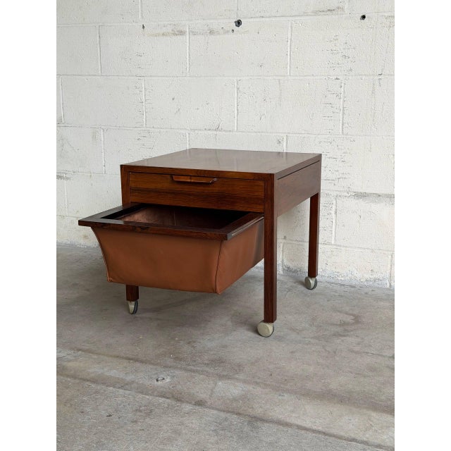 Wood Rosewood Sewing Table Side End Nightstand With Drawer and Rolling Wheels Denmark 1960s For Sale - Image 7 of 9