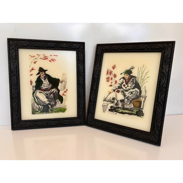 Antique White Pair of Vintage Chinoiserie Eglomise Reverse Glass Paintings For Sale - Image 8 of 10