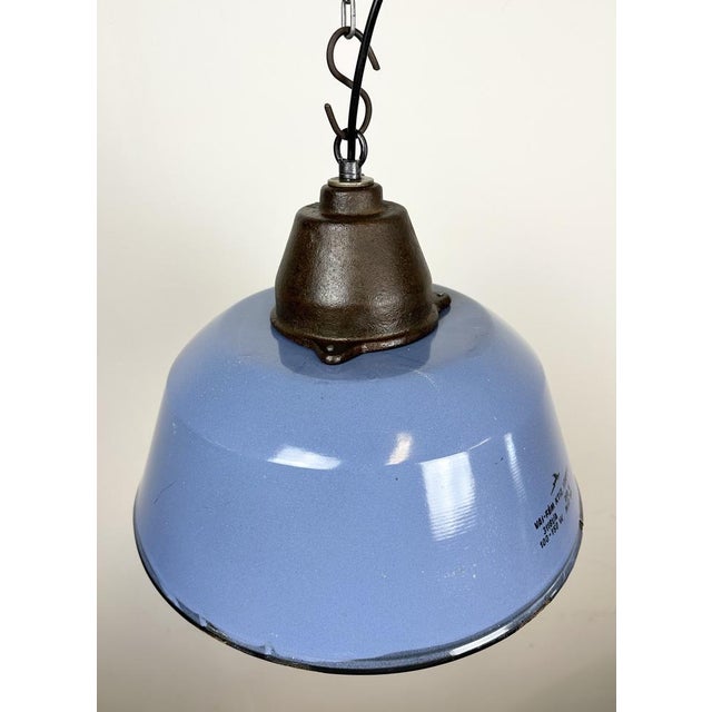 Industrial Blue Enamel and Cast Iron Pendant Light with Glass Cover, 1960s For Sale - Image 9 of 18