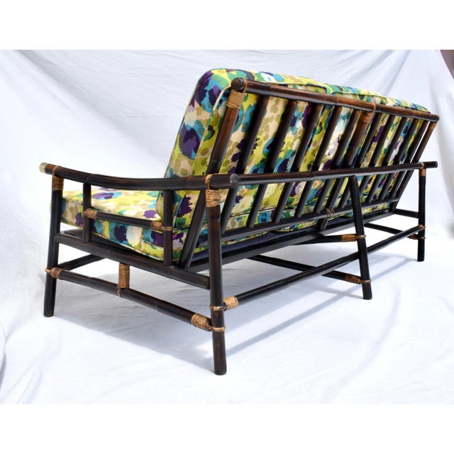 John Wisner Ficks Reed Far Horizons Rattan Sofa in Jack Lenor Larsen Upholstery For Sale - Image 10 of 11