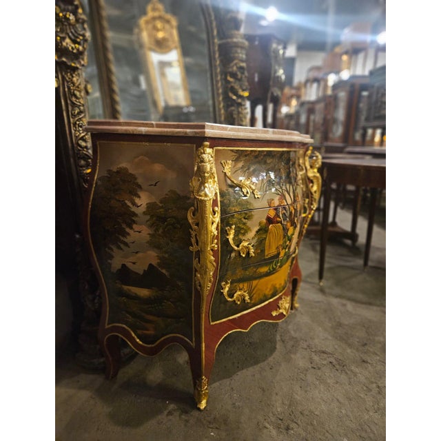 Louis XV Style Hand-Painted Bombe Chest with Marble Top  Antique French Dresser Cabinet Bring timeless elegance into your...