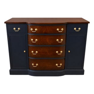 Vintage Landstrom Furniture Bow-Front Dresser in Navy and Burl Wood For Sale