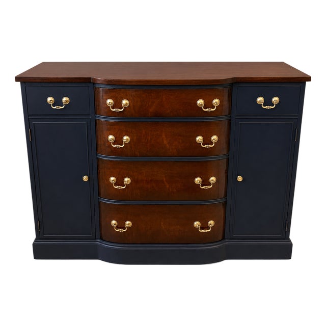 Vintage Landstrom Furniture Bow-Front Dresser in Navy and Burl Wood For Sale