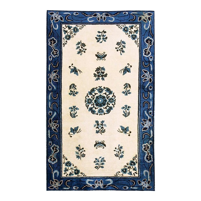 1930s Rectangle Antique Chinese - Peking Knotted Small Scatter Wool Ivory Rug For Sale
