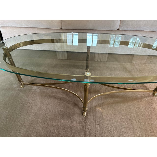 Hollywood Regency 1960s Regency Brass Hoofed Glass Gueridon Table Attributed to LaBarge For Sale - Image 3 of 11