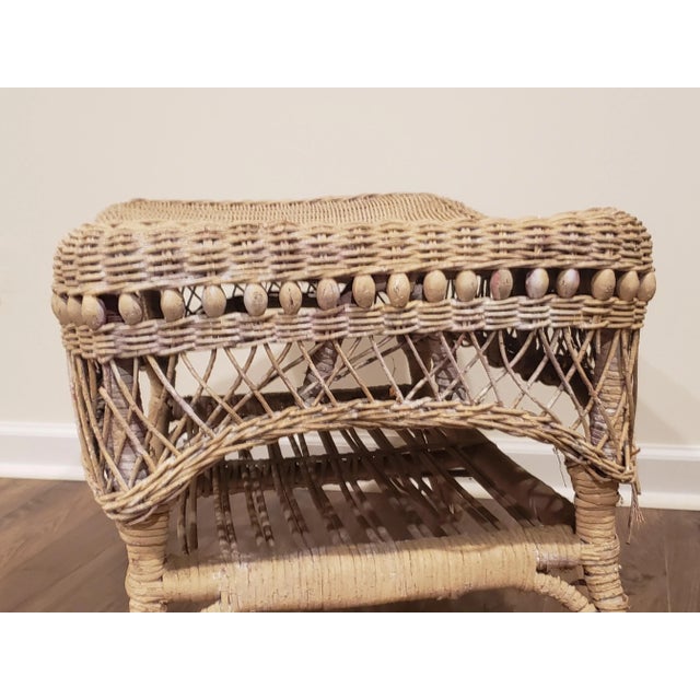 1950s Vintage 2 Tier Wicker Table With Intricate Wood Details in Original Antique Creamy White Paint & a Diamond Design on the Top For Sale - Image 4 of 12