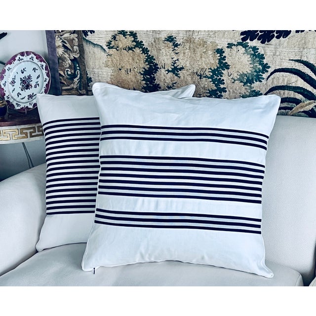 2020s Pair Reversible Cushions/Pillows in Navy Blue Stripes on White For Sale - Image 5 of 11