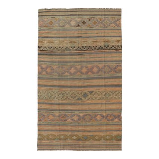 Mid 20th Century Mid 20th Century Vintage Striped Turkish Kilim Rug With Geometric Shapes and Soft Muted Colors For Sale