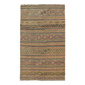 Mid 20th Century Mid 20th Century Vintage Striped Turkish Kilim Rug With Geometric Shapes and Soft Muted Colors