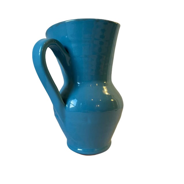 Vintage Hand-Crafted Ceramic Blue & Brown Glaze Pitcher For Sale - Image 4 of 10