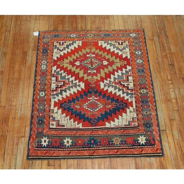 Dramatic Large Scale 20th Century Antique Russian Karabagh Square Rug - 4'1" x 5' For Sale - Image 17 of 18