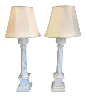 White & Grey Veined Column Marble Table Lamps - a Pair