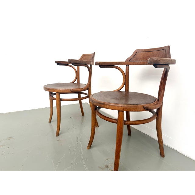 Bent Beechwood Desk Chairs with Pyrographed Seats from Thonet, 1930s, Set of 2 For Sale - Image 6 of 17