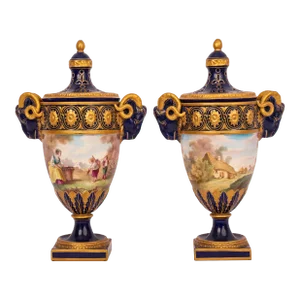 French Antique Porcelain Rams Head lidded Vases Urns PotPourri Veuve Perrin - A Pair
