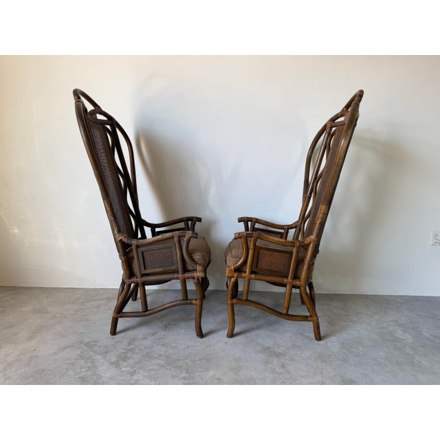 Vintage Bent Rattan & Wicker High Back Chippendale Style Arm Chairs - A Pair For Sale - Image 4 of 18
