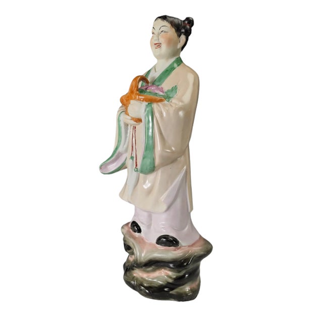 Mid 20th Century Chinese Laughing Lady Holding Basket Statue Figurine For Sale - Image 5 of 11