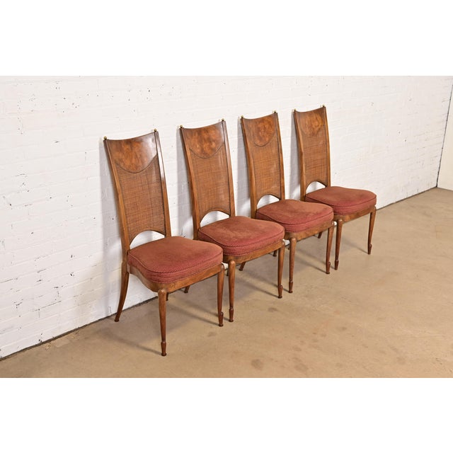 Mastercraft William Doezema for Mastercraft Mid-Century Modern Hollywood Regency Burl Wood and Cane Back Dining Chairs, Set of Four For Sale - Image 4 of 12
