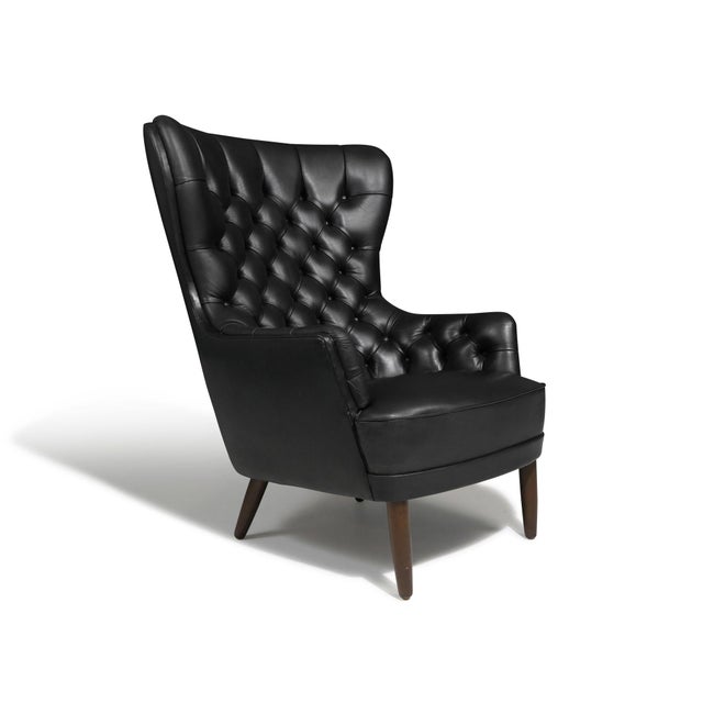 Georg Kofoed Mid 20th Century Pair of Sculptural Danish Wingback Chairs in Black Leather Attributed to Georg Kofoed For Sale - Image 4 of 11