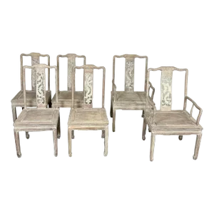 Set Six Chinese Chippendale Whitewashed Dining Chairs, Carved Dragons, Rosewood