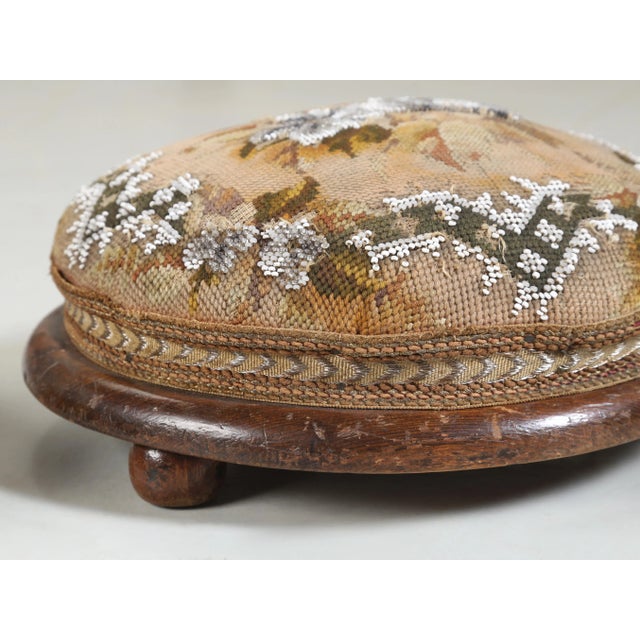Antique Collection (3) English Beaded Needlepoint Ladies Ottoman or Footstools For Sale - Image 10 of 12