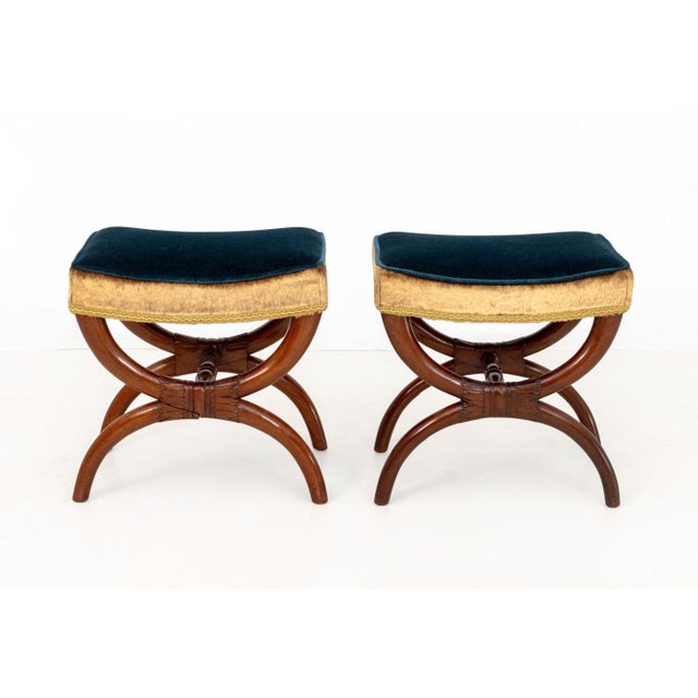 French Empire Style Velvet Upholstered Curule Stools, Pr. For Sale - Image 3 of 8