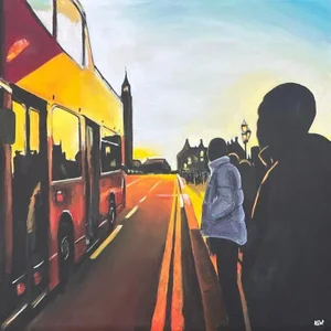 Westminster Sunset in London With Open Top Bus by British Urban Landscape Artist