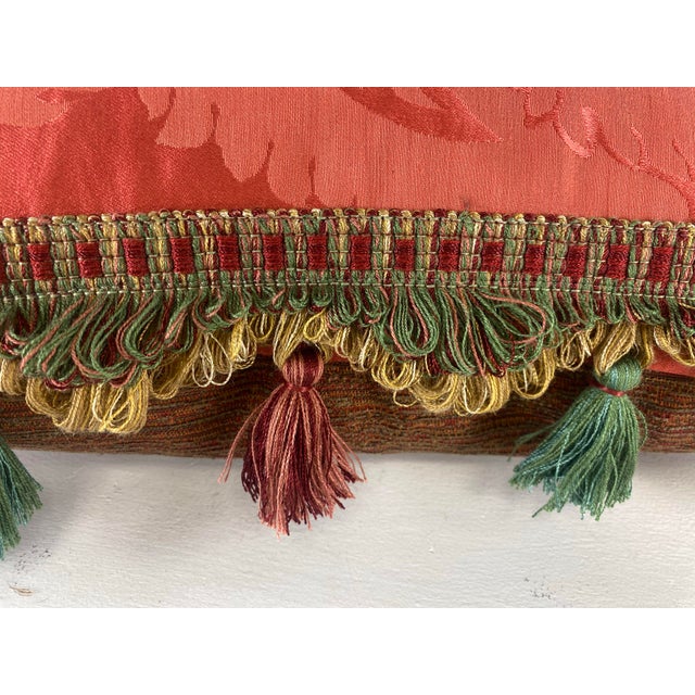 This is a pair of classic Scalamandre tasseled silk pillows. This vintage Scalamandre silk is a classic French damask...