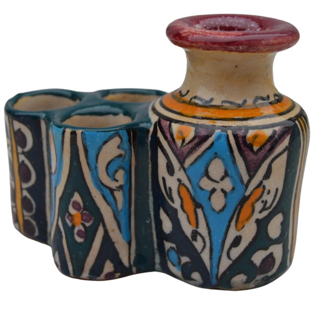 Mid 20th Century Moorish Colorful Ceramic Inkwell With Catchall For Sale - Image 4 of 9