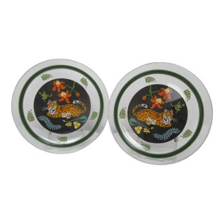 Lynn Chase Lounging Jaguar Jungle Cat Glass 8 1/4" Salad Plate Set of 2 For Sale