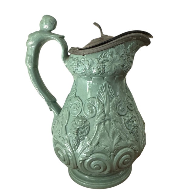 Mid 19th Century Mid 19th Century Rare Seafoam Glaze Ridgway Relief-Molded Pitcher With Pewter Lid — Bacchus Motif — 8” For Sale - Image 5 of 8