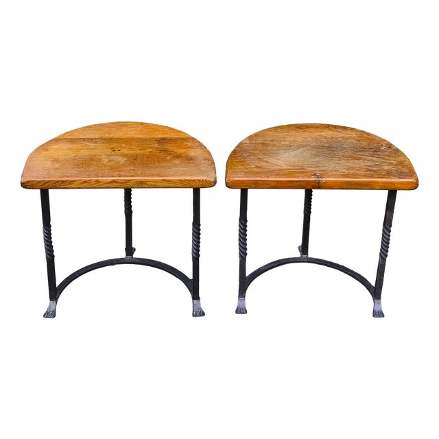 Vintage Side Tables in Wrought Iron and Oak, France, 1930s, Set of 2 For Sale