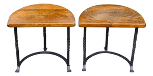 Vintage Side Tables in Wrought Iron and Oak, France, 1930s, Set of 2