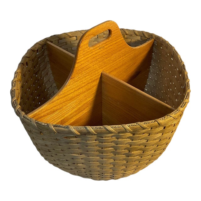 Handwoven Wooden and Reed Divided Basket For Sale