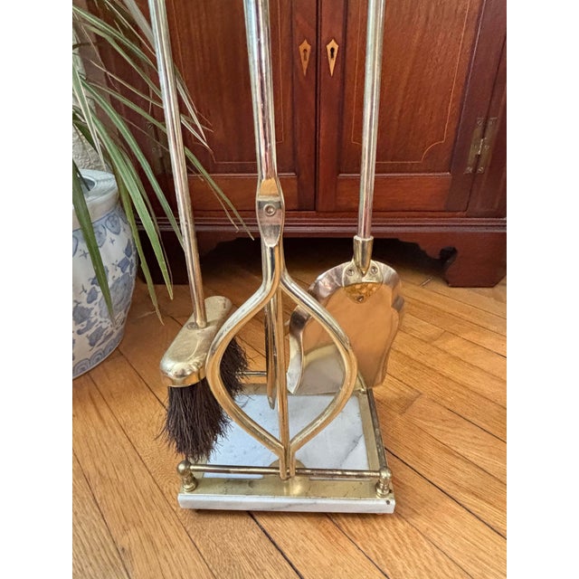 Metal 1980s Italian White Marble and Brass Fireplace Tools on Stand, Set of 5 For Sale - Image 7 of 9