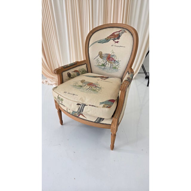 1980s French Louis XVI Style Armchair With Upholstered Bird Tapestry Fabric For Sale - Image 15 of 15