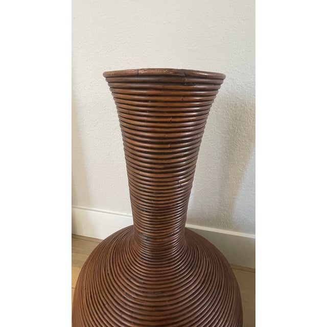 Vintage 1970's Gabriella Crespi Style Pencil Reed Rattan Floor Vases Urns- A Pair For Sale - Image 11 of 14
