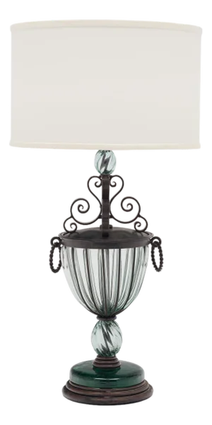 Art Nouveau Style Table Lamp, French, Glass, Iron, Vintage 1930s
