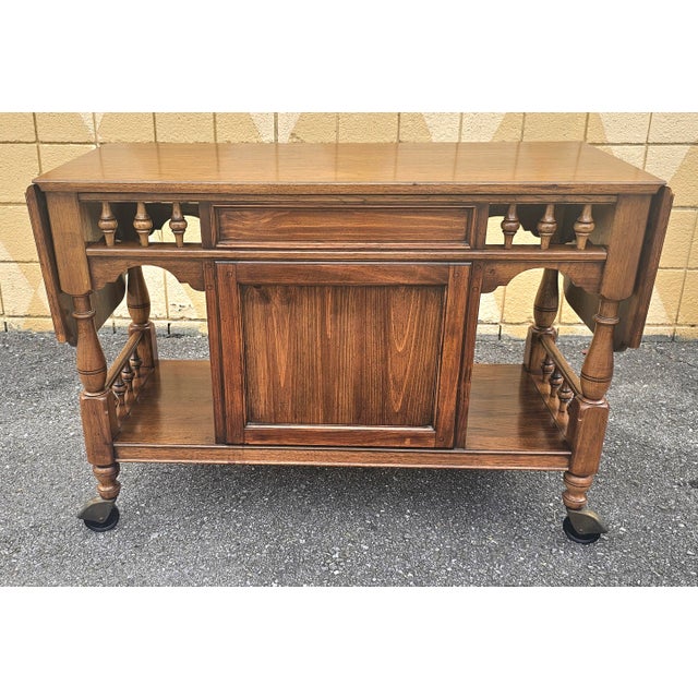 Brown Mid-20th Century Thomasville Walnut Drop Leaf Rolling Dry Bar Buffet Server For Sale - Image 8 of 12