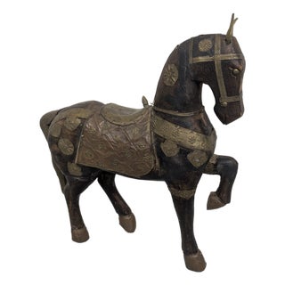 Indian Wooden Ceremonial Horse with Brass from Charles Mareck, 1920s For Sale