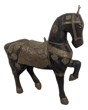 Indian Wooden Ceremonial Horse with Brass from Charles Mareck, 1920s