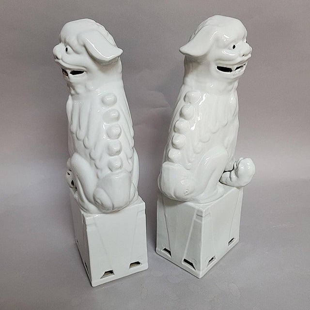 Pair of Large Vintage Chinese Blanc De Chine Foo Dogs, Guardian Lions With Cub & Ball For Sale - Image 10 of 11