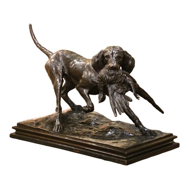 Late 19th Century German Brass & Plaster Hunting Dog Sculpture by Emil Wünsche For Sale