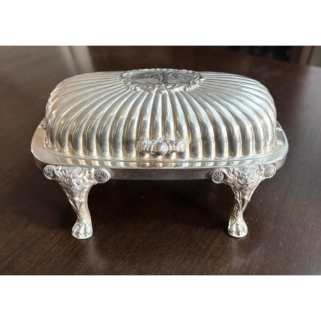 Platinum Vintage Fb Rogers Georgian Style Silver Plate Roller Top Butter Dish W/Glass Insert-Lion Legs-Mono For Sale - Image 8 of 12