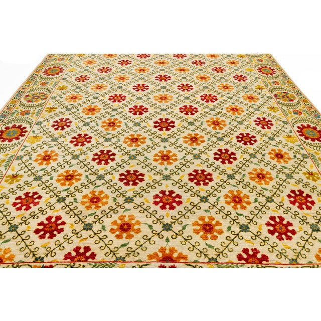Ivory Contemporary Hand-Knotted Wool Suzani Style Area Rug With Floral Trellis Pattern For Sale - Image 8 of 12