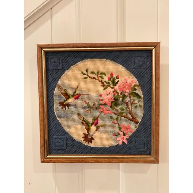 Lovely Handmade Vintage Framed Humming bird and Floral / Flowers Needlepoint Chinoiserie Asian Boho Flare Cherry Blossom...