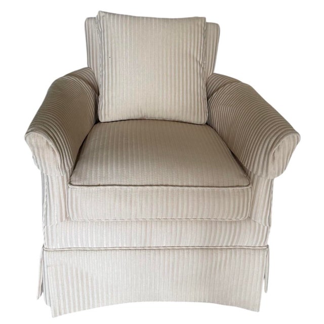 Late 20th Century Pair of Neutral Striped Club Chairs Transitional Lounge For Sale - Image 4 of 7