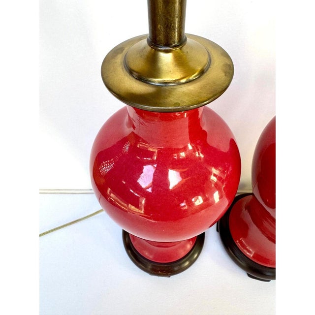 Pair of Vintage Oxblood Red Glazed Ceramic Table Lamps With Brass Hardware For Sale - Image 4 of 11